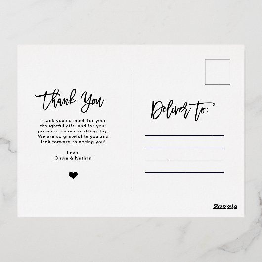 ゴールデンスクリプト |エレガントなウェディングフォトありがとうございました 箔招待状ポストカード (裏面)