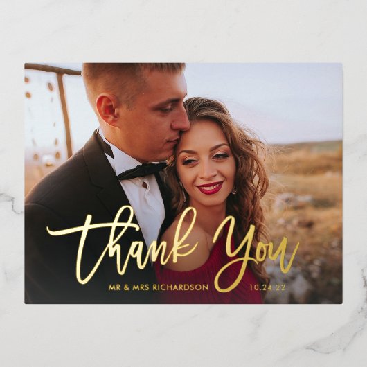 ゴールデンスクリプト |エレガントなウェディングフォトありがとうございました 箔招待状ポストカード (正面)