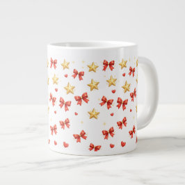 ゴールデンスターと赤いリボンのクリスマスマグカップ ジャンボコーヒーマグカップ
