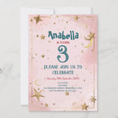 ゴールデンスターズアンドピンク子供の誕生日パーティー 招待状 (正面)