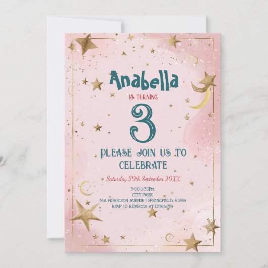 ゴールデンスターズアンドピンク子供の誕生日パーティー 招待状 (正面)