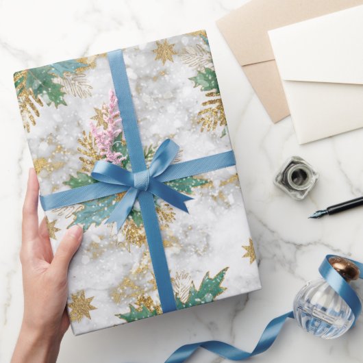 ゴールデンスターズグリッターとホリーベリー葉& ラッピングペーパー (ギフト)