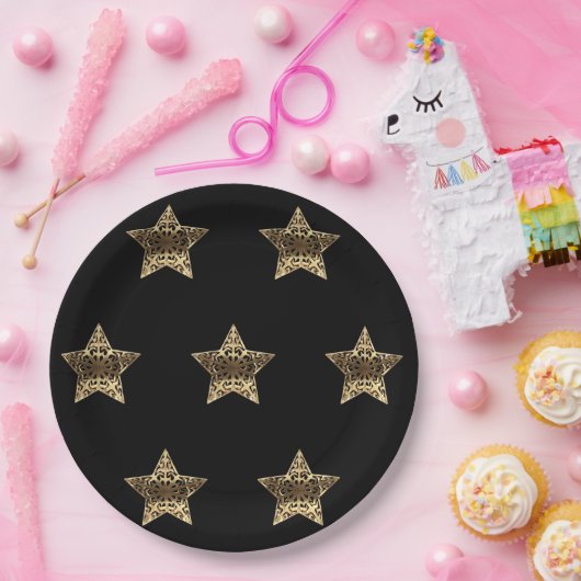 ゴールデンスターズブラックアンド金ゴールドフェスティバル エレガント ペーパープレート (パーティー)