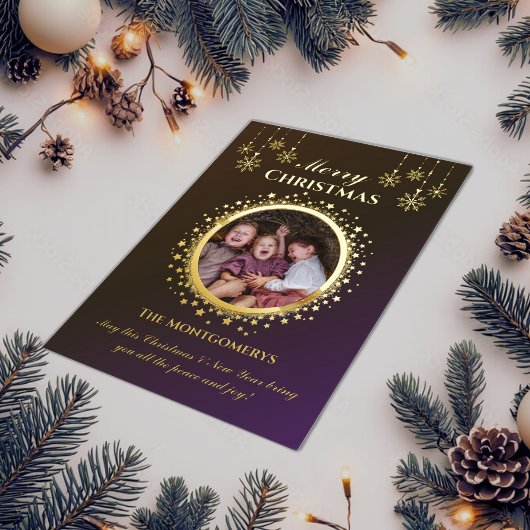 ゴールデンスターズ&スノーフレーク写真クリスマス 箔シーズンカード