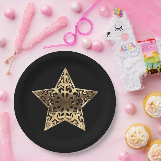 ゴールデンスターブラックアンド金ゴールドフェスティバル エレガント ペーパープレート (パーティー)