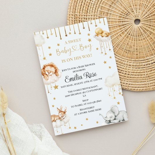 ゴールデンスター男の赤ちゃんシャワースリーピングフォレスト動物 招待状