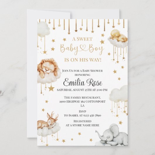 ゴールデンスター男の赤ちゃんシャワースリーピングフォレスト動物 招待状 (正面)