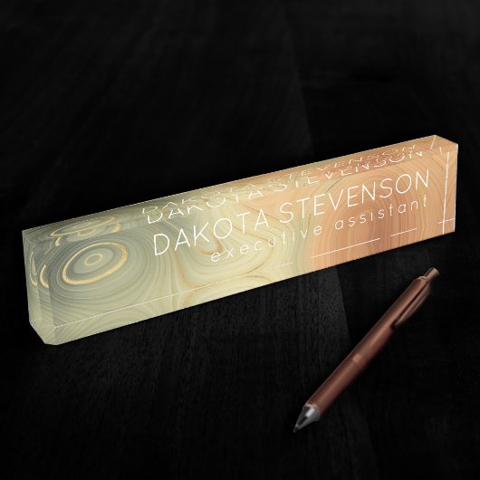 ゴールデンストラタ |ピーチ焦げオレンジ緑の瑪瑙 デスクネームプレート