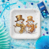 ゴールデンスノーフレークと雪だるま ペーパープレート (パーティー)