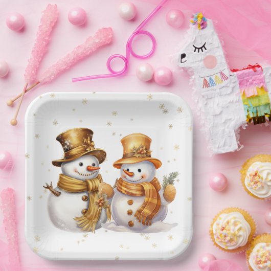 ゴールデンスノーフレークと雪だるま ペーパープレート (パーティー)