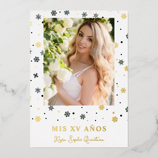 ゴールデンスノーフレークキンセアニラスペインのお洒落 箔招待状 (正面)