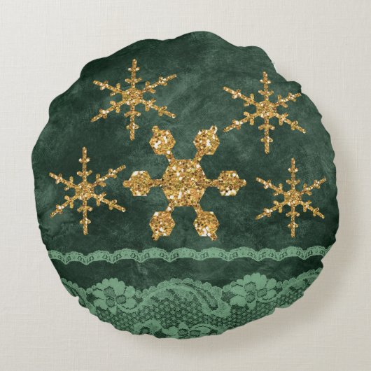 ゴールデンスノーフレークスエメラルドグリーンフェイクレース ラウンドクッション (裏面)