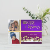 ゴールデンスノーフレークパープルシティスケープフォトクリスマスカード シーズンカード (スタンド正面)