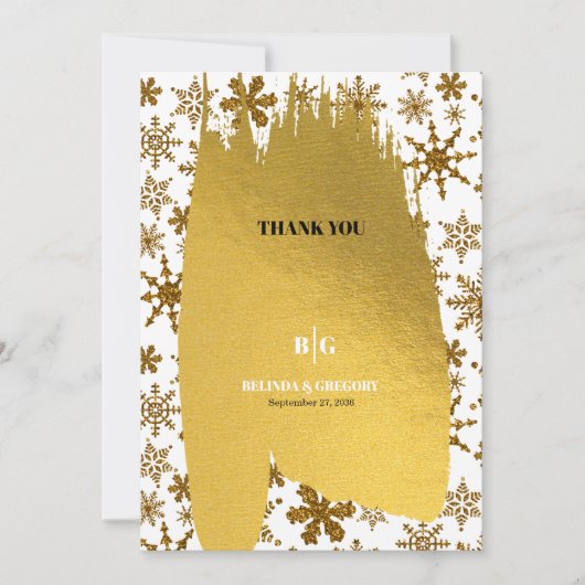 ゴールデンスノーフレークフェスティバル結婚クリスマス サンキューカード (正面)