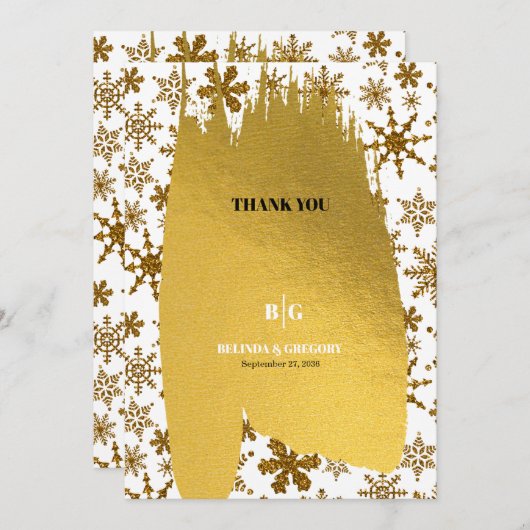 ゴールデンスノーフレークフェスティバル結婚クリスマス サンキューカード (正面/裏面)