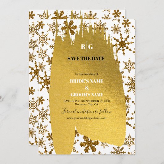 ゴールデンスノーフレークフェスティバル結婚クリスマス セーブザデート (正面/裏面)