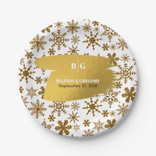 ゴールデンスノーフレークフェスティバル結婚クリスマス ペーパープレート (正面)