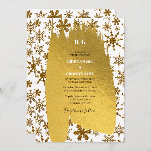 ゴールデンスノーフレークフェスティバル結婚クリスマス 招待状 (正面/裏面)
