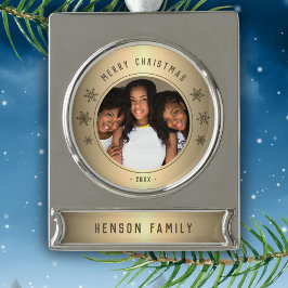 ゴールデンスノーフレークメタリックファミリーフォトクリスマス シルバープレートバナーオーナメント