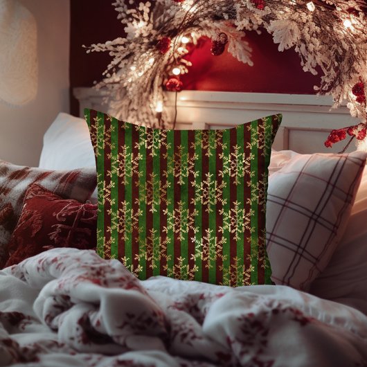 ゴールデンスノーフレークレッドグリーンストライプクリスマス クッション