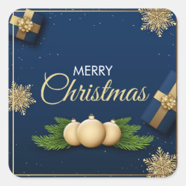 ゴールデンスノーフレーク・クリスマスカード、メリークリスマス スクエアシール