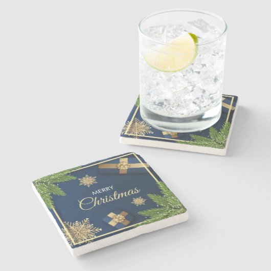 ゴールデンスノーフレーク・クリスマスカード、メリークリスマス ストーンコースター (横)