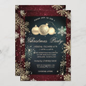 ゴールデンスノーフレーク、ボール、赤いグリッター、会社パーティー 招待状 (正面/裏面)