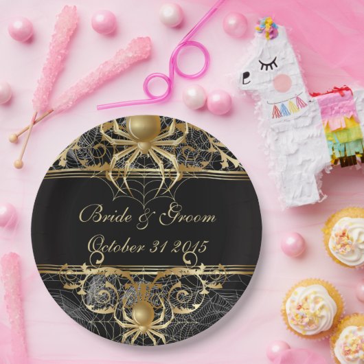 ゴールデンスパイダーハロウィーンまたはウェディングパーティーのプレート ペーパープレート (パーティー)