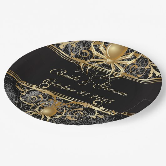 ゴールデンスパイダーハロウィーンまたはウェディングパーティーのプレート ペーパープレート (アングル)