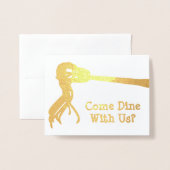 ゴールデンスパゲティフォークカスタム – ディナー招待状 箔カード (封筒付き正面)