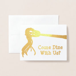 ゴールデンスパゲティフォークカスタム – ディナー招待状 箔カード