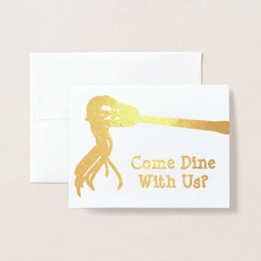 ゴールデンスパゲティフォークカスタム – ディナー招待状 箔カード (封筒付き正面)