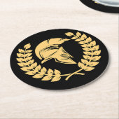 ゴールデンスパルタンヘルメットとローレルリース ラウンドペーパーコースター (アングル)