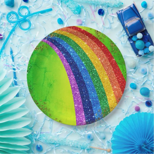 ゴールデンスパークルズとグリッターレインボーユニコーングリーン ペーパープレート (パーティー)