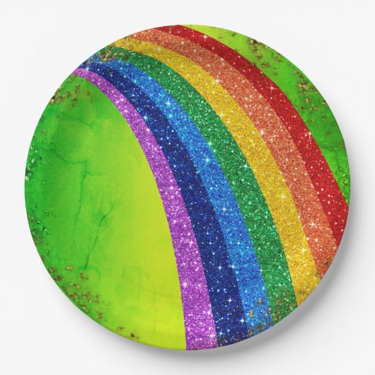 ゴールデンスパークルズとグリッターレインボーユニコーングリーン ペーパープレート (正面)
