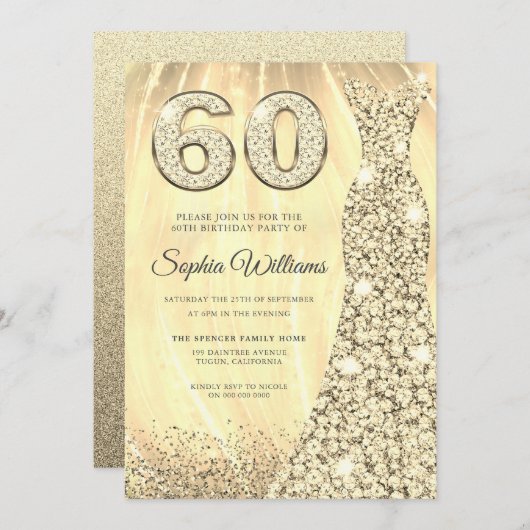 ゴールデンスパークルドレス女性60thバースデーパーティー 招待状 (正面/裏面)