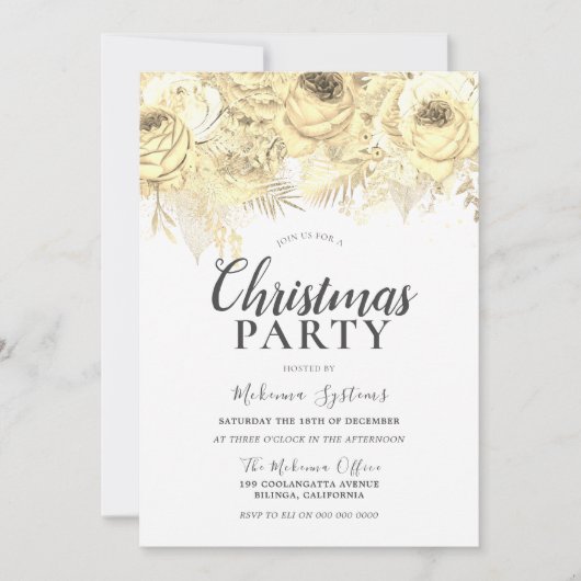 ゴールデンスパークルフラワークリスマス企業のパーティー 招待状 (正面)