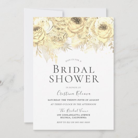 ゴールデンスパークルフラワーズエレガントブライダルシャワー 招待状 (正面)