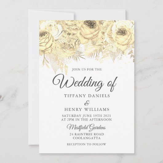 ゴールデンスパークルフローラエレガントな結婚式 招待状 (正面)