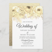 ゴールデンスパークルフローラエレガントな結婚式 招待状 (正面/裏面)