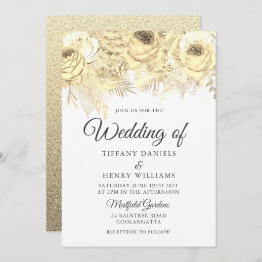 ゴールデンスパークルフローラエレガントな結婚式 招待状 (正面/裏面)