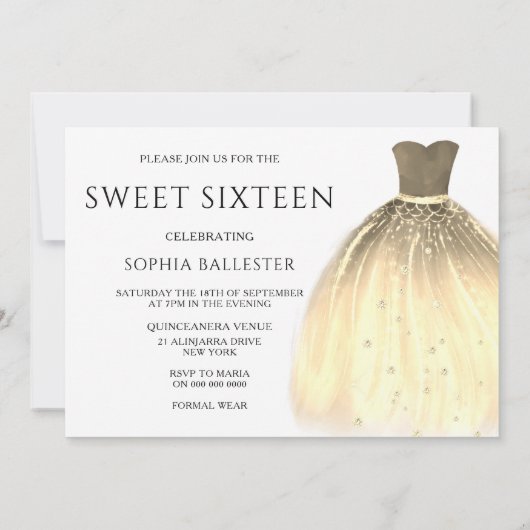 ゴールデンスパークルマーメイドドレス甘い16パーティー 招待状 (裏面)