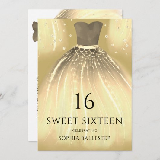 ゴールデンスパークルマーメイドドレス甘い16パーティー 招待状 (正面/裏面)