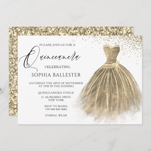 ゴールデンセピア金ゴールドグリッターガウンドレスキンセアニェラ 招待状 (正面/裏面)