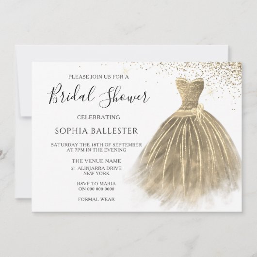 ゴールデンセピア金ゴールドグリッターガウンドレスブライダルシャワー 招待状 (正面)