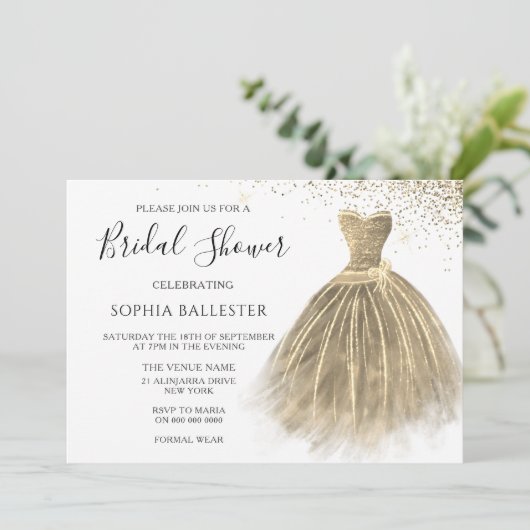 ゴールデンセピア金ゴールドグリッターガウンドレスブライダルシャワー 招待状 (スタンド正面)