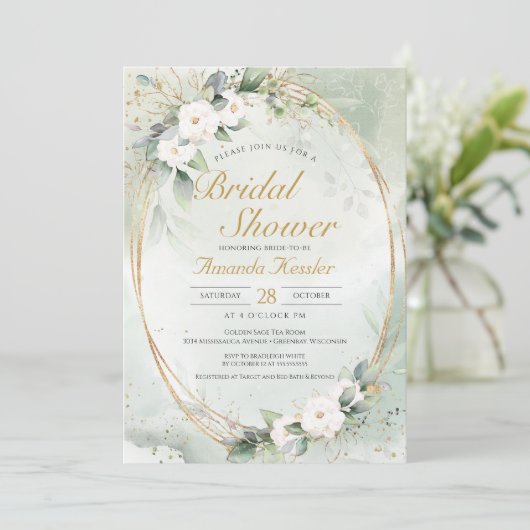 ゴールデンセージホワイトフローラエレガントブライダルシャワー 招待状 (スタンド正面)