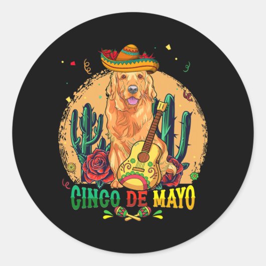 ゴールデンソンブレロCinco De Mayoメキシコ犬の男性 ラウンドシール (正面)