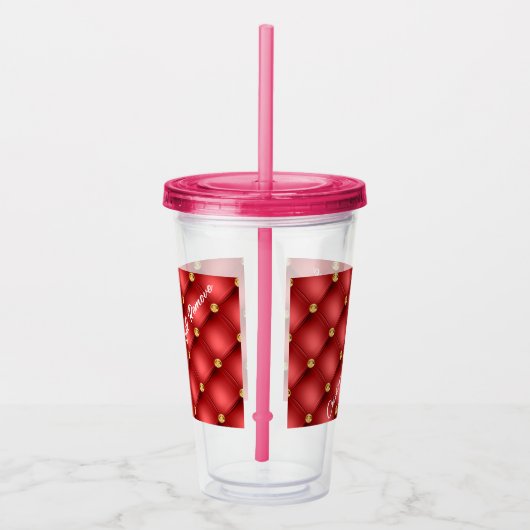 ゴールデンダイヤモンドタフテッドレザーカスタム文字名レッド アクリルタンブラー (右)