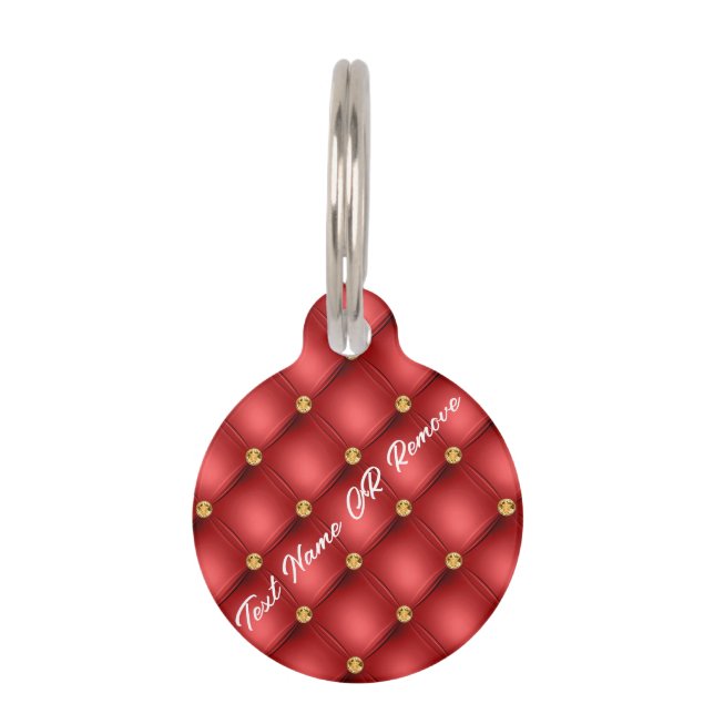 ゴールデンダイヤモンドタフテッドレッドレザーカスタム文字名 ペット　ネームタグ (正面)
